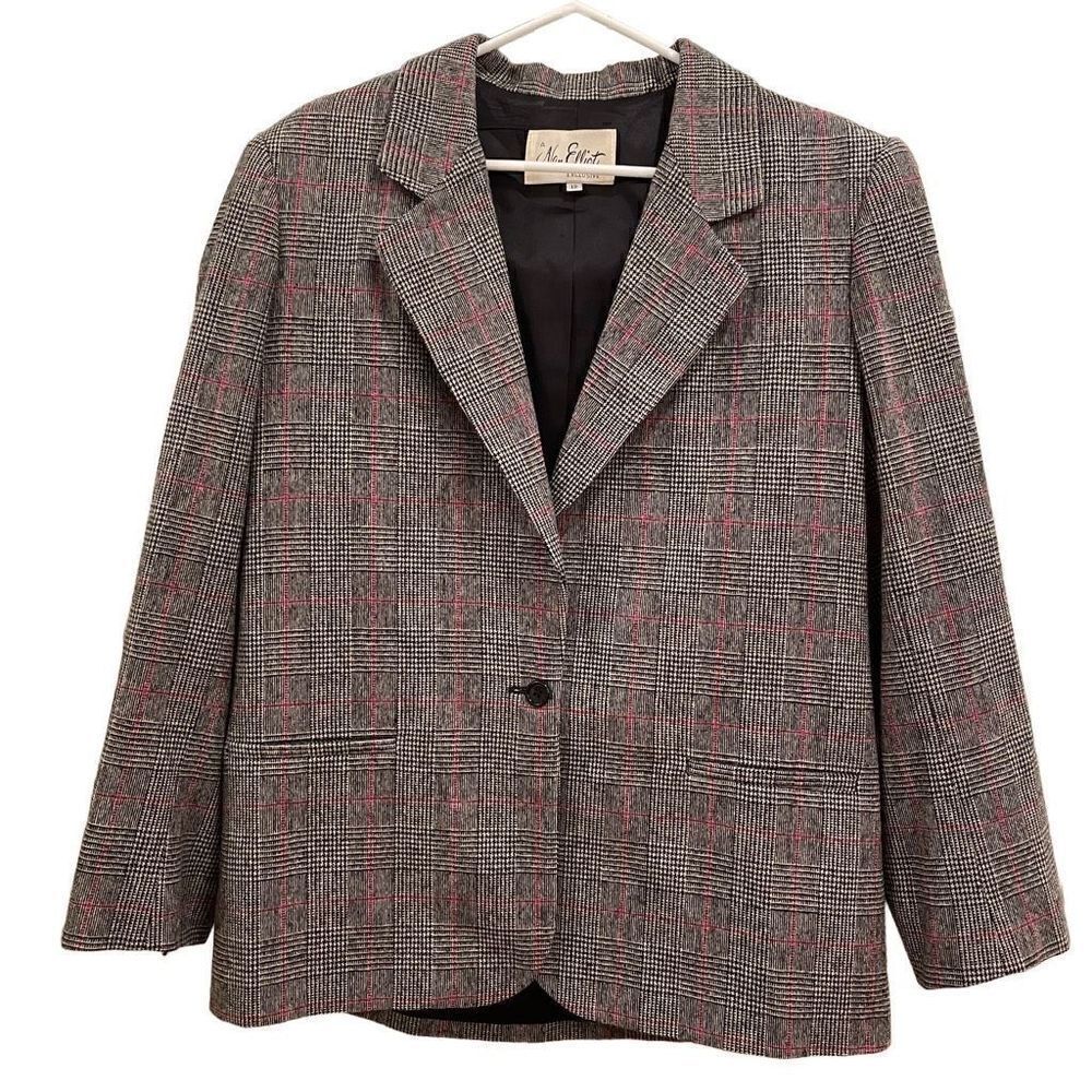 Vintage Nan Elliot Blazer 1970s Houndstooth Grey Red Plaid Size 12